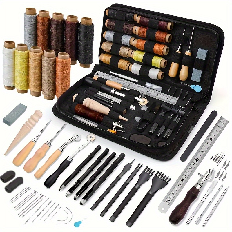 59pcs Professional Leather Craft Tool Kit - Metal Leatherworking Supplies With Stitching , Waxed Thread, Punch Set, Sewing Awl & For Leather Carving, Printing & Bag Crafting
59pcs Professional Leather Craft Tool Kit - Metal Leatherworking Supplies With Stitching , Waxed Thread, Punch Set, Sewing Awl & For Leather Carving, Printing & Bag Crafting
