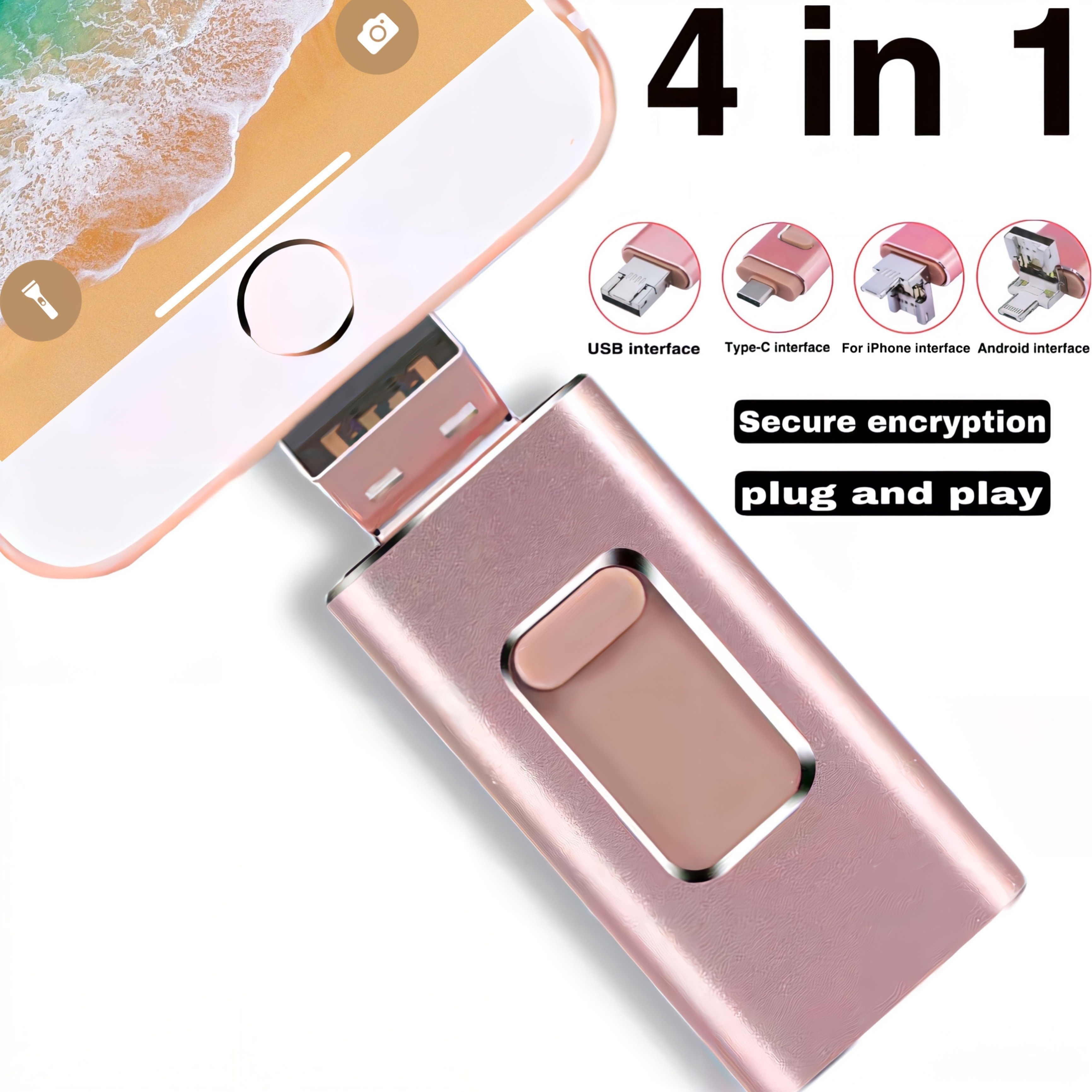 Usb Stick For Phone 64gb 128gb, 4 In 1 Flash Drive With Ios/usb/type-c/micro Usb Port, High Speed Photo Memory Sticks External Storage, Thumb Drives For Android/pad/computer/pc
Usb Stick For Phone 64gb 128gb, 4 In 1 Flash Drive With Ios/usb/type-c/micro Usb Port, High Speed Photo Memory Sticks External Storage, Thumb Drives For Android/pad/computer/pc