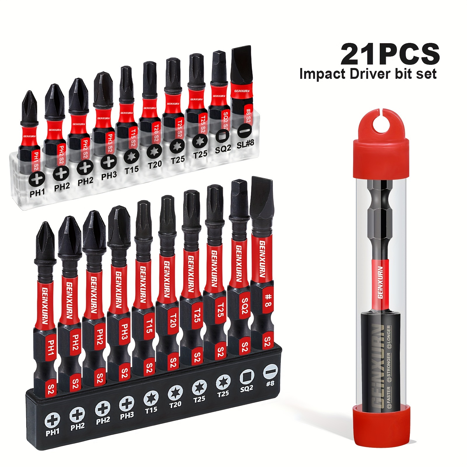 21pcs Impact X50 Power Driver Bit Set With 75mm Bit Holder, Including Ph1, Ph2, Ph3, T15, T20, T25, Sq2, Sl#8
21pcs Impact X50 Power Driver Bit Set With 75mm Bit Holder, Including Ph1, Ph2, Ph3, T15, T20, T25, Sq2, Sl#8