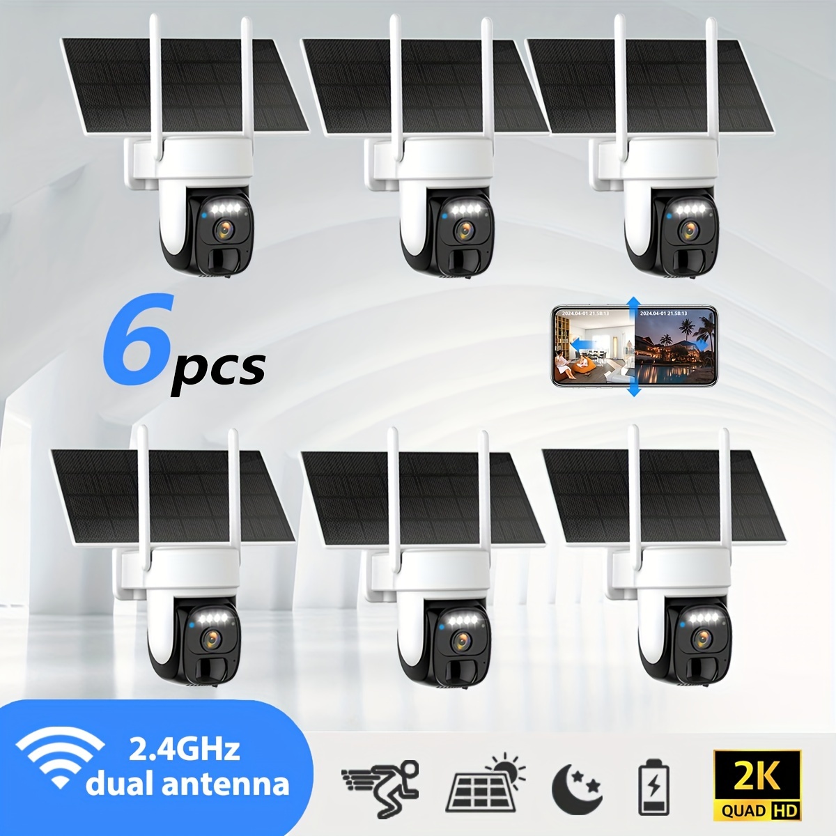 6pcs Solar Outdoor Wireless Security Camera, 2k 360° Tilt Low Power Wifi Security Camera, Cctv 2.4g Wifi, Ptz With Detection, Color Night Vision, Audio, Storage, Application Connection
6pcs Solar Outdoor Wireless Security Camera, 2k 360° Tilt Low Power Wifi Security Camera, Cctv 2.4g Wifi, Ptz With Detection, Color Night Vision, Audio, Storage, Application Connection
