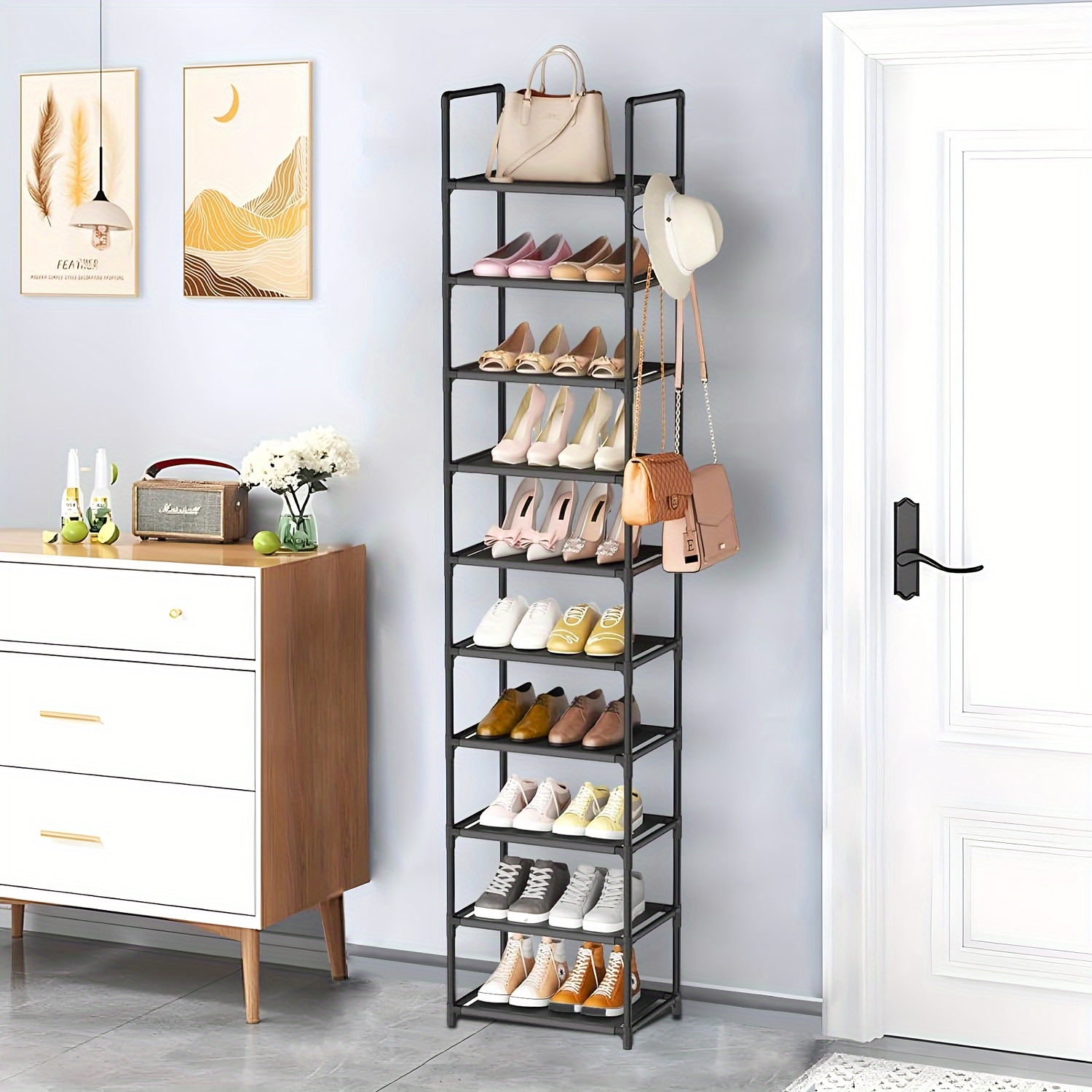 10-layer Metal Shoe Rack With 5 Hooks: Space-saving Entryway Storage For 20 Pairs Of Shoes
10-layer Metal Shoe Rack With 5 Hooks: Space-saving Entryway Storage For 20 Pairs Of Shoes