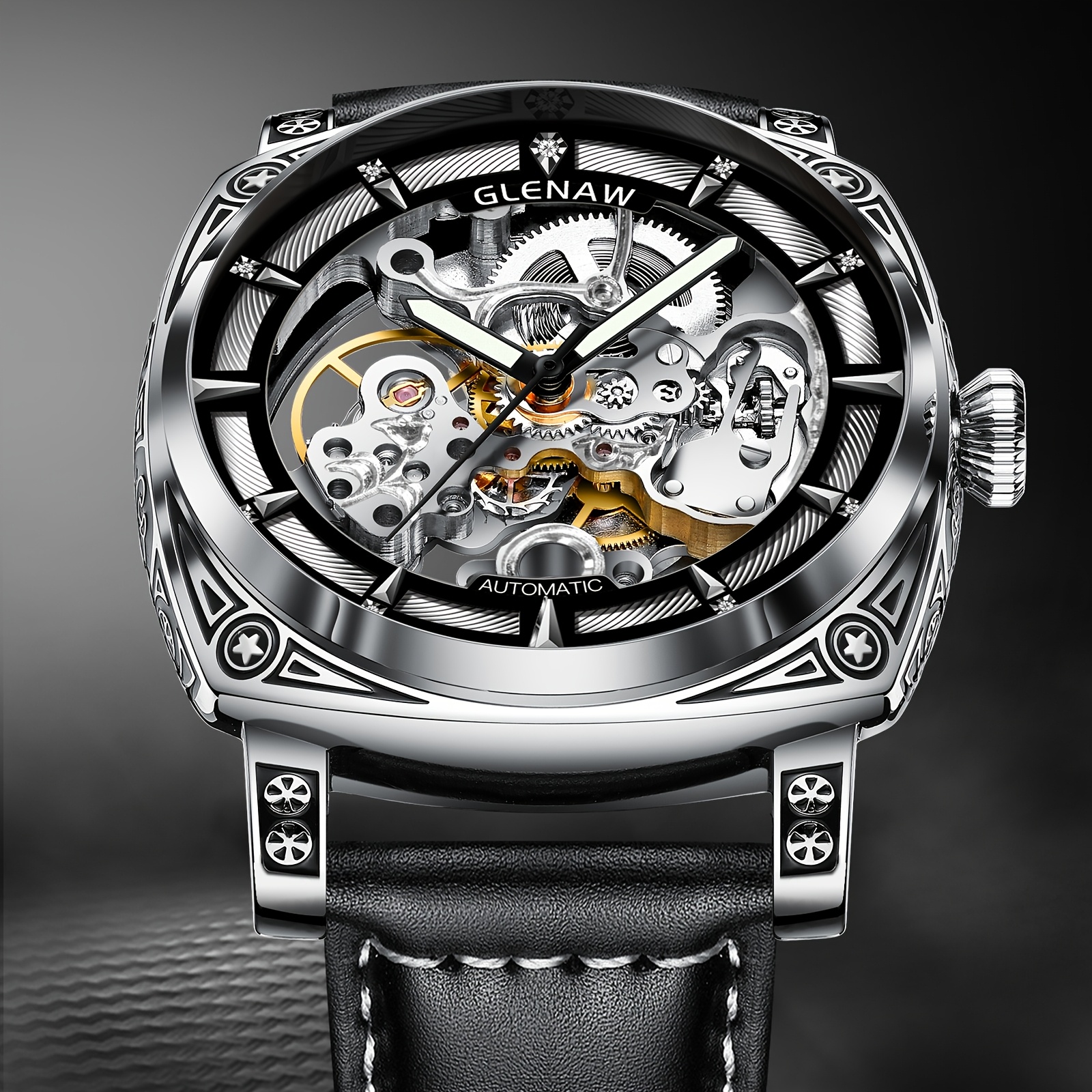 Glenaw Men' Mechanical Watch - Elegant Rhinestone Dial, Waterproof Up To 30m, Stainless Steel & Black Leather Strap, Skeleton Back With Intricate Movement, Date Display - Ideal Gift For Him
Glenaw Men' Mechanical Watch - Elegant Rhinestone Dial, Waterproof Up To 30m, Stainless Steel & Black Leather Strap, Skeleton Back With Intricate Movement, Date Display - Ideal Gift For Him