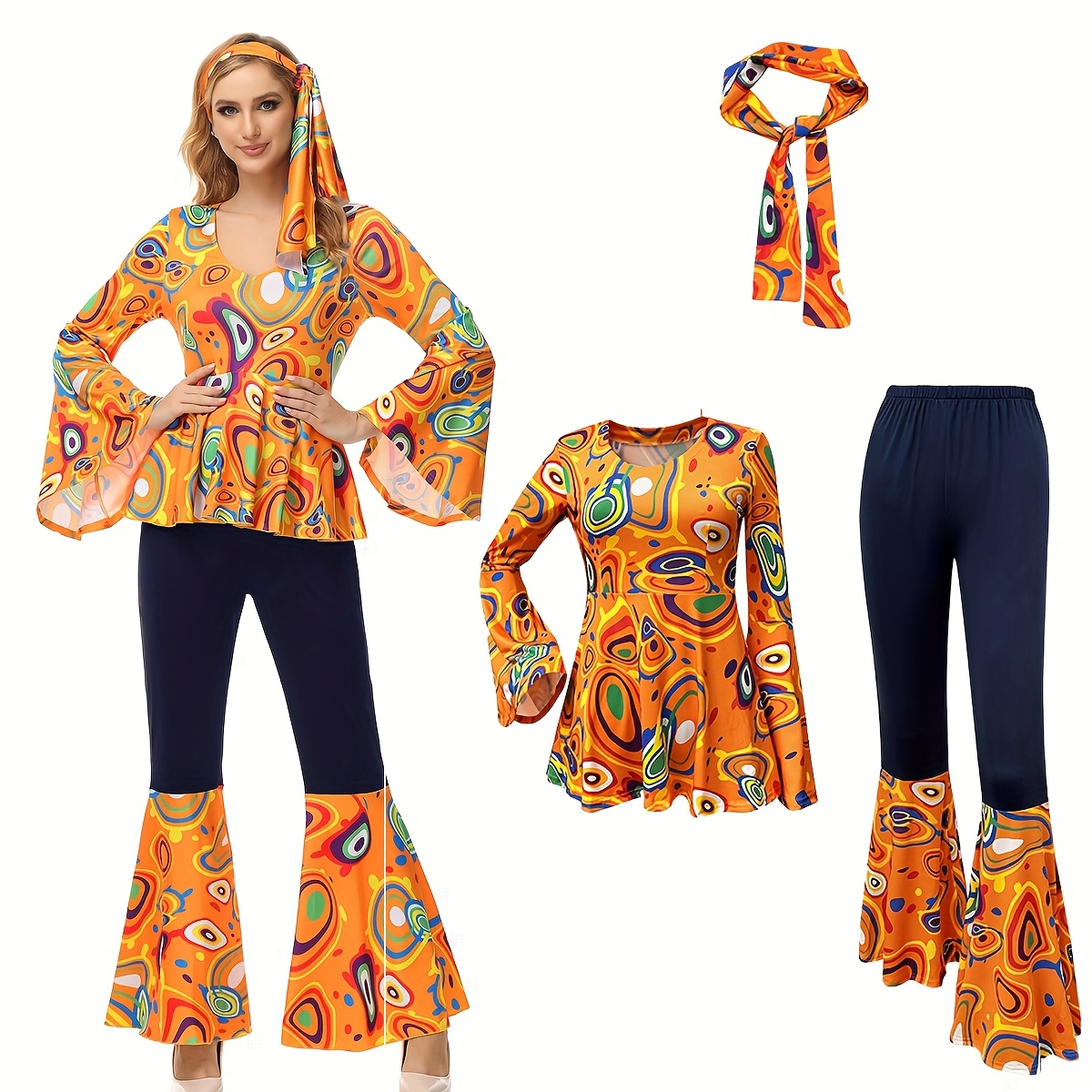1 Set Vintage 70s80s Disco Costume For Women - Polyester Outfit With Flared Sleeves, Bell Bottoms, And Headband - Elegant Party Wear, Disco Party Supplies
1 Set Vintage 70s80s Disco Costume For Women - Polyester Outfit With Flared Sleeves, Bell Bottoms, And Headband - Elegant Party Wear, Disco Party Supplies