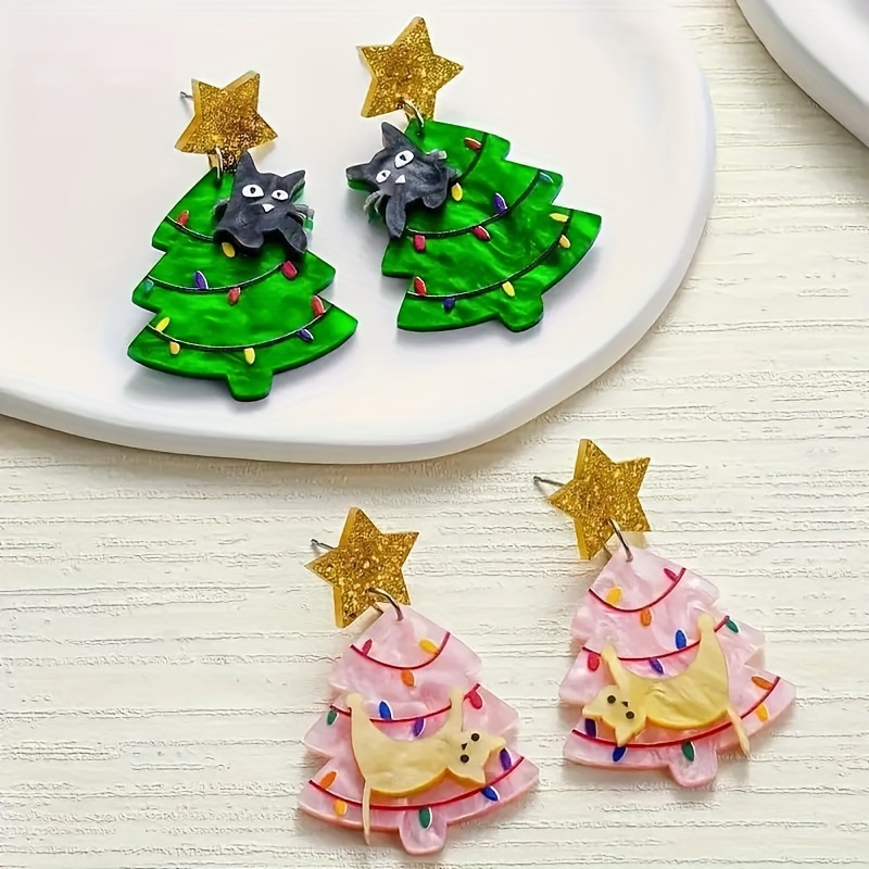 Cute Christmas Tree Dangle Earrings, With Star&cat Design Acrylic Earrings - , & Party , Accessory.
Cute Christmas Tree Dangle Earrings, With Star&cat Design Acrylic Earrings - , & Party , Accessory.