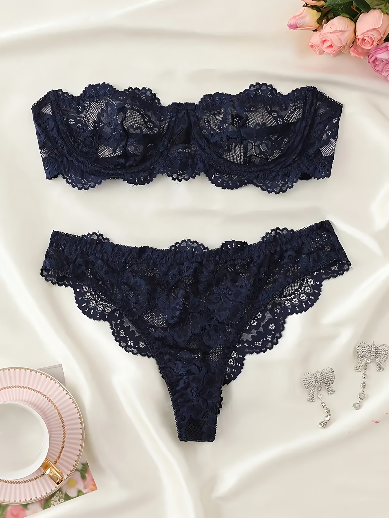 e328208e 4e03 4251 953d f5d48d3a313e Women'S Lace Sheer Bralette And Panties Set, Underwire Push-Up Design with Sexy Hollow-Out Patterns, Detachable And Adjustable Straps for Two Ways of Wearing, Suitable for Daily Layering Or Vacation Outfits, 2pcs Set