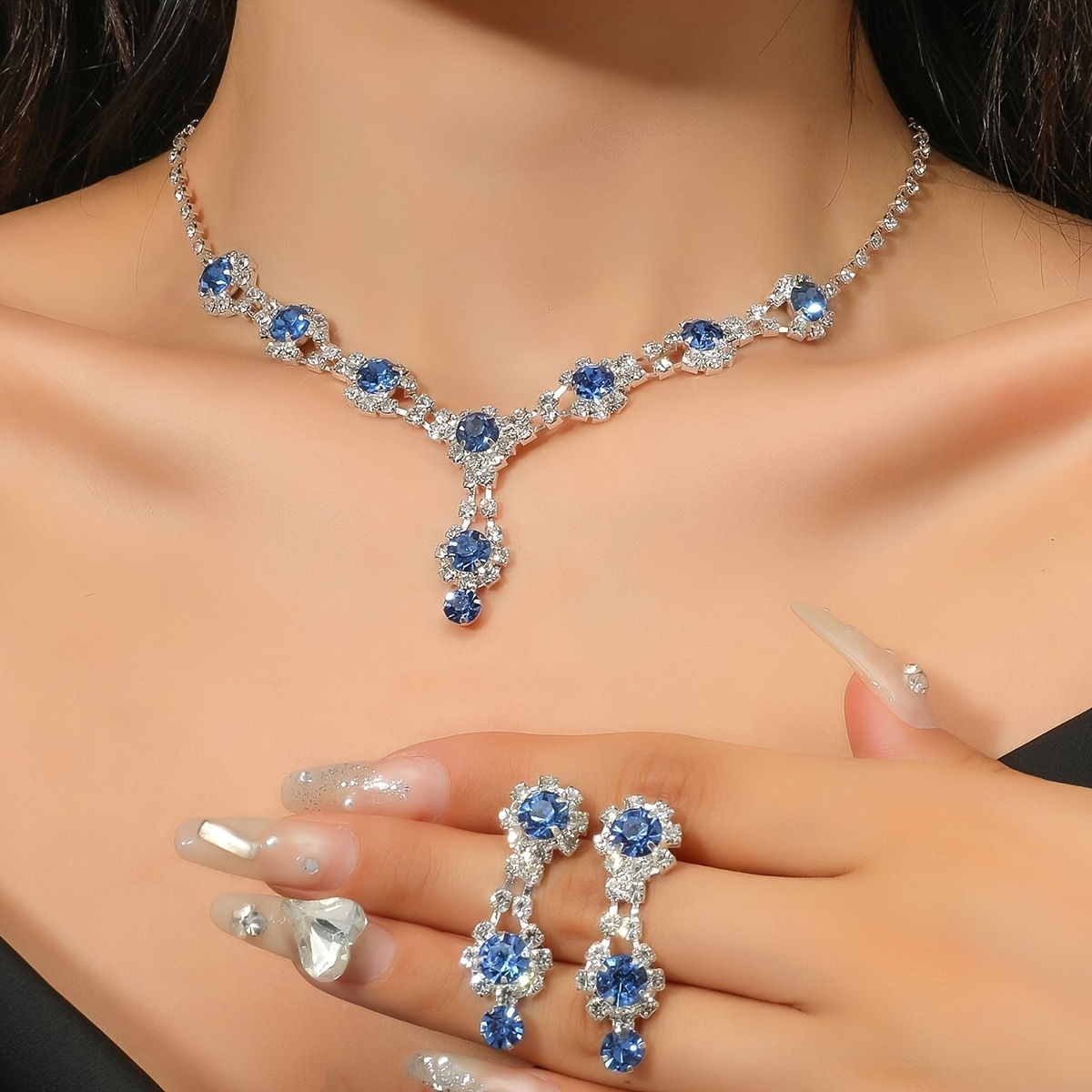 Exquisite Flower Design Blue Glass Inlaid Dangle Earrings & Y-necklace Elegant Luxury Style Wedding Accessories
Exquisite Flower Design Blue Glass Inlaid Dangle Earrings & Y-necklace Elegant Luxury Style Wedding Accessories