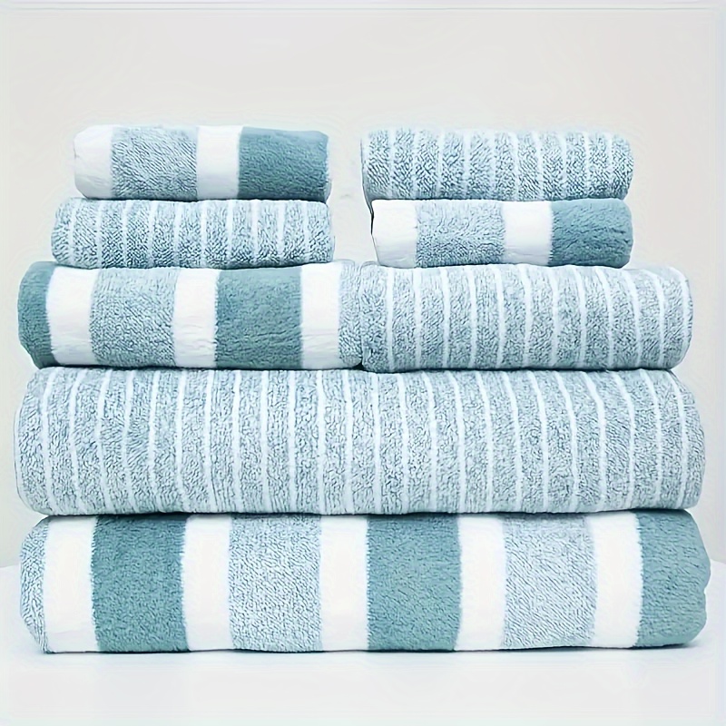 8pcs Striped Towel Set, 4 Washcloths & 2 Hand Towels & 2 Bath Towels, Absorbent & Quick-drying Face Towel, Super & Soft & Thickened Bathing Towel, For Home Bathroom, Ideal Bathroom Supplies
8pcs Striped Towel Set, 4 Washcloths & 2 Hand Towels & 2 Bath Towels, Absorbent & Quick-drying Face Towel, Super & Soft & Thickened Bathing Towel, For Home Bathroom, Ideal Bathroom Supplies