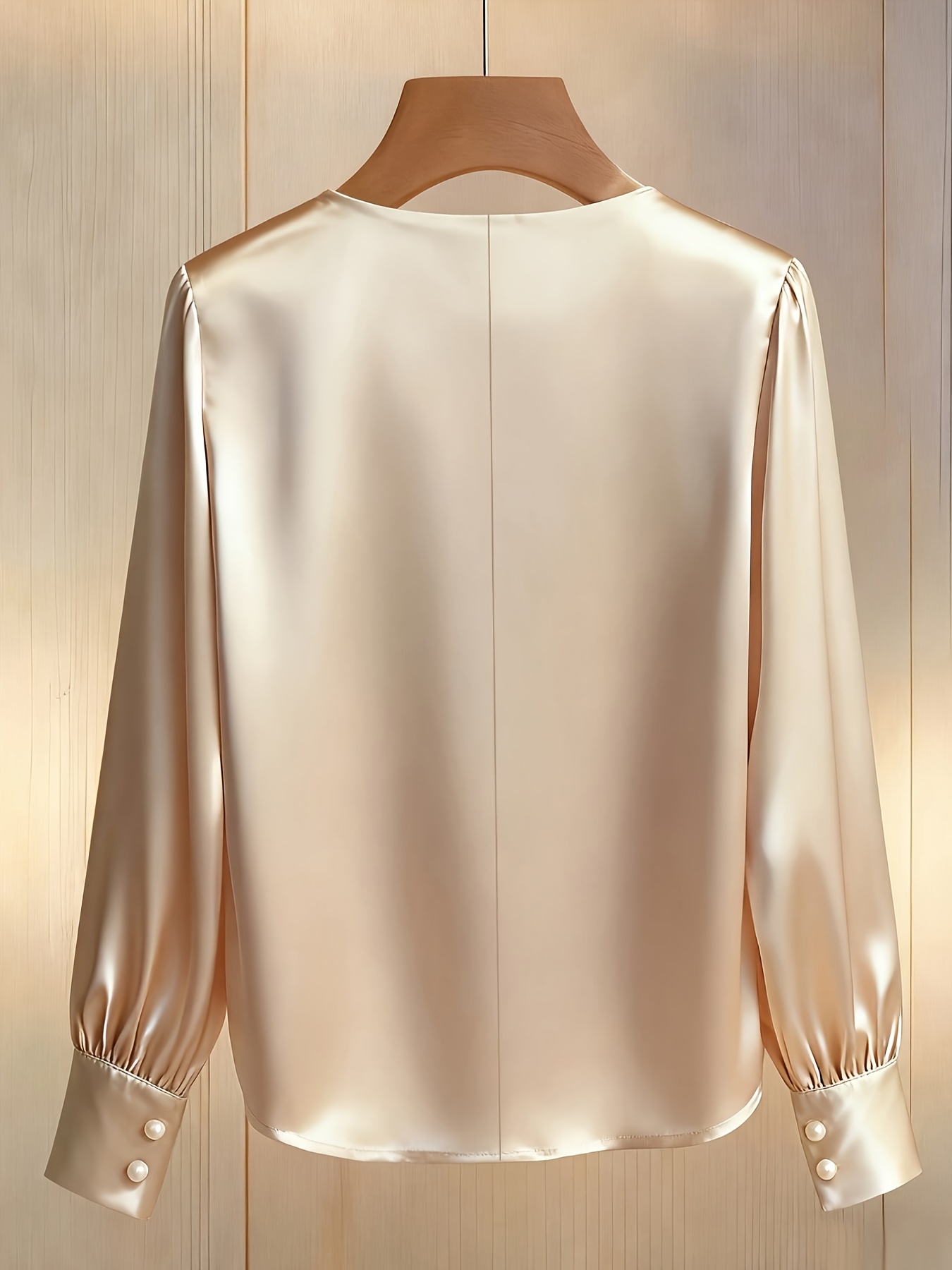 e6ca3776 0357 4712 ba39 9db2b35bd413 Ladies' Champagne-colored Elegant Round-neck V-neck Pearl-embellished Long-sleeve Shirt, Made of Satin Fabric, Suitable for Commuting and Daily Elegant Wear. Elegant Special