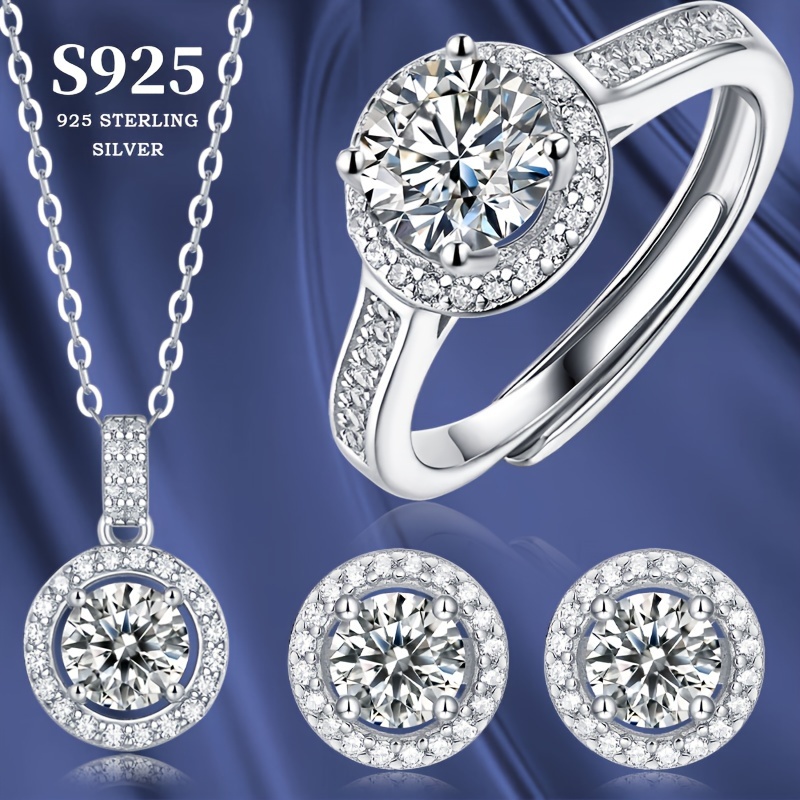 4pc Fashion 1 Carat Moissanite Pendant Ring Stud Earring Set S925 Silver Plated Open Ring For Family, Friends, Mother, Gift Anniversary Set, Birthday Gift, Daily Activities To Wear Jewelry
4pc Fashion 1 Carat Moissanite Pendant Ring Stud Earring Set S925 Silver Plated Open Ring For Family, Friends, Mother, Gift Anniversary Set, Birthday Gift, Daily Activities To Wear Jewelry