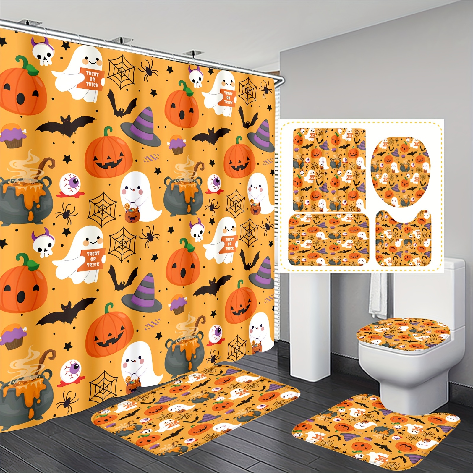 1/4pcs Halloween Themed Shower Curtain Set With 12 Hooks, Includes U-shaped Mat, Bath Mat And Round Toilet Seat Cover, Universal Bathroom Decor
1/4pcs Halloween Themed Shower Curtain Set With 12 Hooks, Includes U-shaped Mat, Bath Mat And Round Toilet Seat Cover, Universal Bathroom Decor