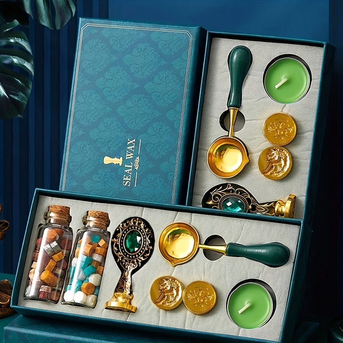 9-piece Vintage Wax Seal Stamp Kit With Rhinestone Accents, Green Plastic Handle & Spoon Set For Envelopes And Crafts
9-piece Vintage Wax Seal Stamp Kit With Rhinestone Accents, Green Plastic Handle & Spoon Set For Envelopes And Crafts