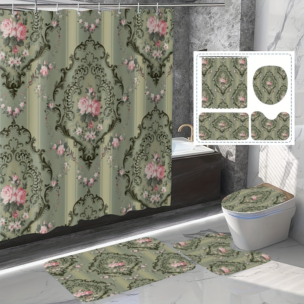1/4pcs Green Floral Print Pattern Shower Curtain Set, Shower Curtain With 12 Hooks, Non-slip Bath Mat, U-shaped Toilet Mat, Toilet Mat, Bathroom Decor Accessories
1/4pcs Green Floral Print Pattern Shower Curtain Set, Shower Curtain With 12 Hooks, Non-slip Bath Mat, U-shaped Toilet Mat, Toilet Mat, Bathroom Decor Accessories