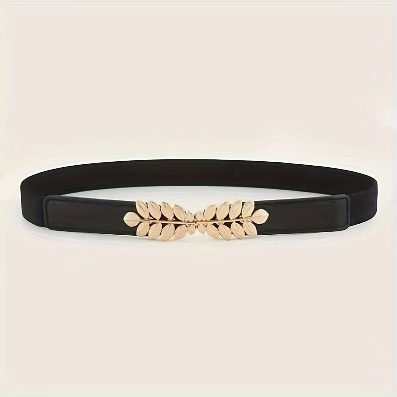 Black Elastic Thin Belt Golden Double Leaf Metal Buckle Waistband Trendy Dress Pants Belts For Women
Black Elastic Thin Belt Golden Double Leaf Metal Buckle Waistband Trendy Dress Pants Belts For Women