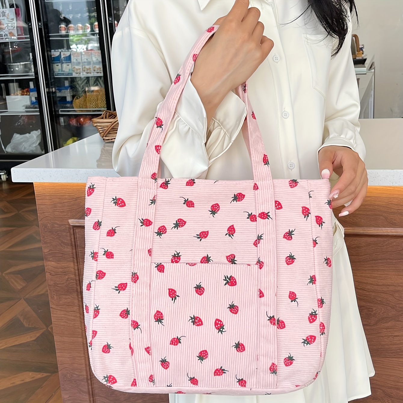 Chic Pink Strawberry Pattern Corduroy Tote Bag For Women - , Fixed Shoulder Strap, Zip Closure, Ideal For Work, Shopping, And Vacation Bag, Casual Tote Bag| Design|corduroy Material, Cute Purse
Chic Pink Strawberry Pattern Corduroy Tote Bag For Women - , Fixed Shoulder Strap, Zip Closure, Ideal For Work, Shopping, And Vacation Bag, Casual Tote Bag| Design|corduroy Material, Cute Purse