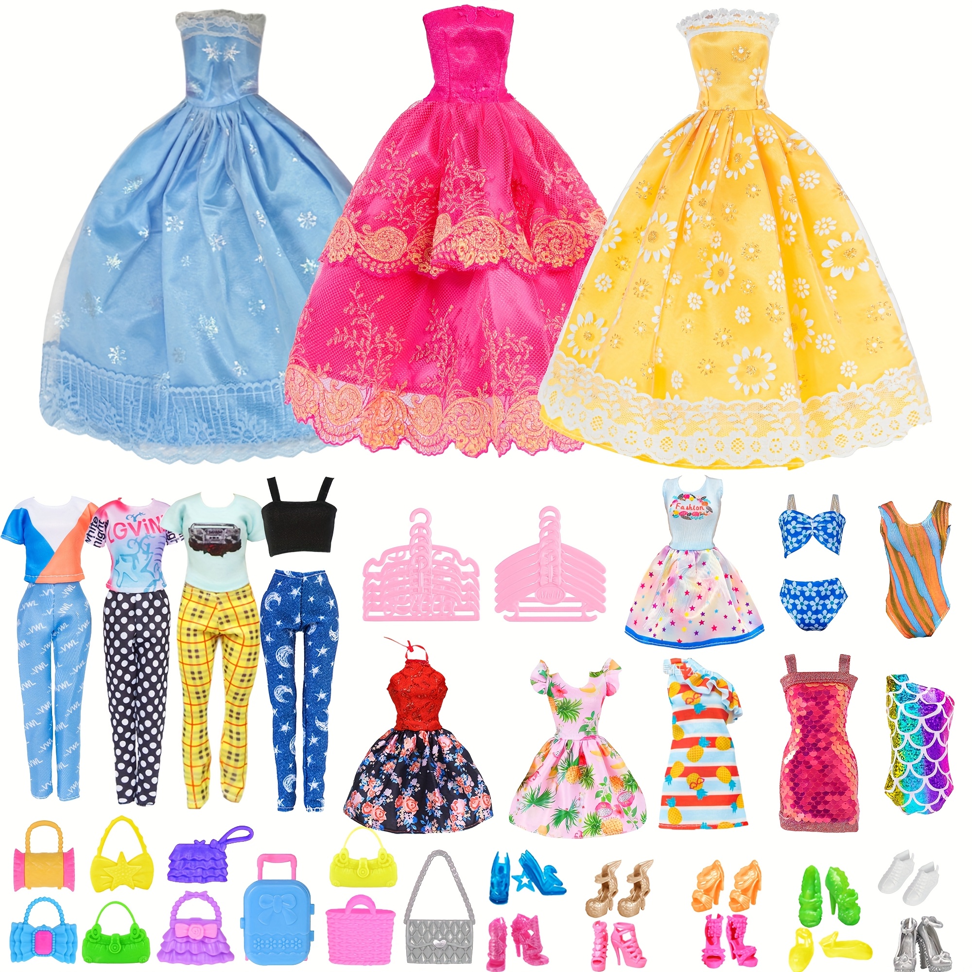 49pcs 11.5 Inch Girl Doll Clothes And Accessories Set 3 Long Princess Dresses, 4 Tops, 4 Pants, 3 Bikinis, 5 Short Dresses, 10 Shoes, 10 Handbag, 10 Hangers
49pcs 11.5 Inch Girl Doll Clothes And Accessories Set 3 Long Princess Dresses, 4 Tops, 4 Pants, 3 Bikinis, 5 Short Dresses, 10 Shoes, 10 Handbag, 10 Hangers