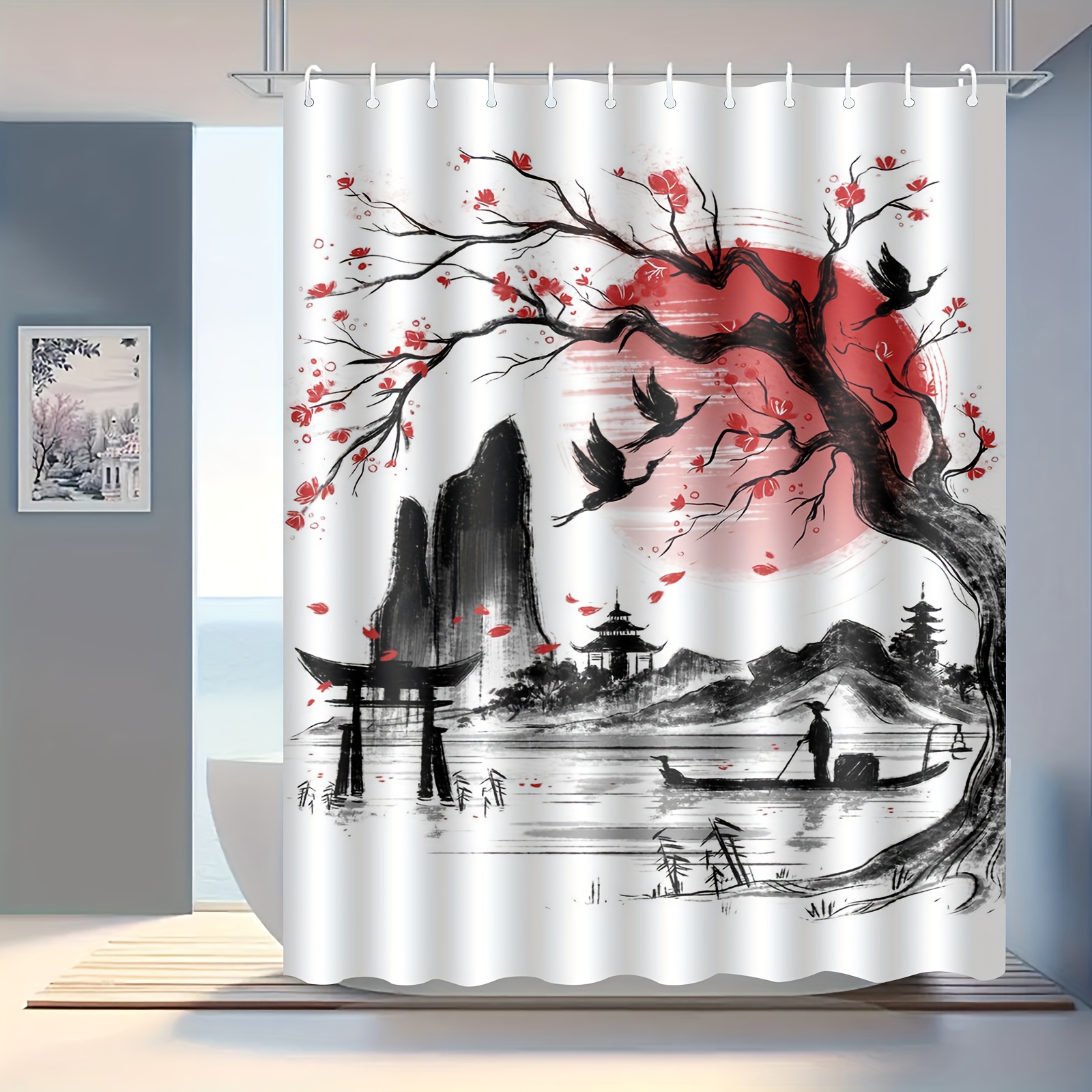 Elegant Watercolor Landscape Shower Curtain With Hooks - Machine Washable, Waterproof, And Made Of Knitted Polyester Fabric
Elegant Watercolor Landscape Shower Curtain With Hooks - Machine Washable, Waterproof, And Made Of Knitted Polyester Fabric