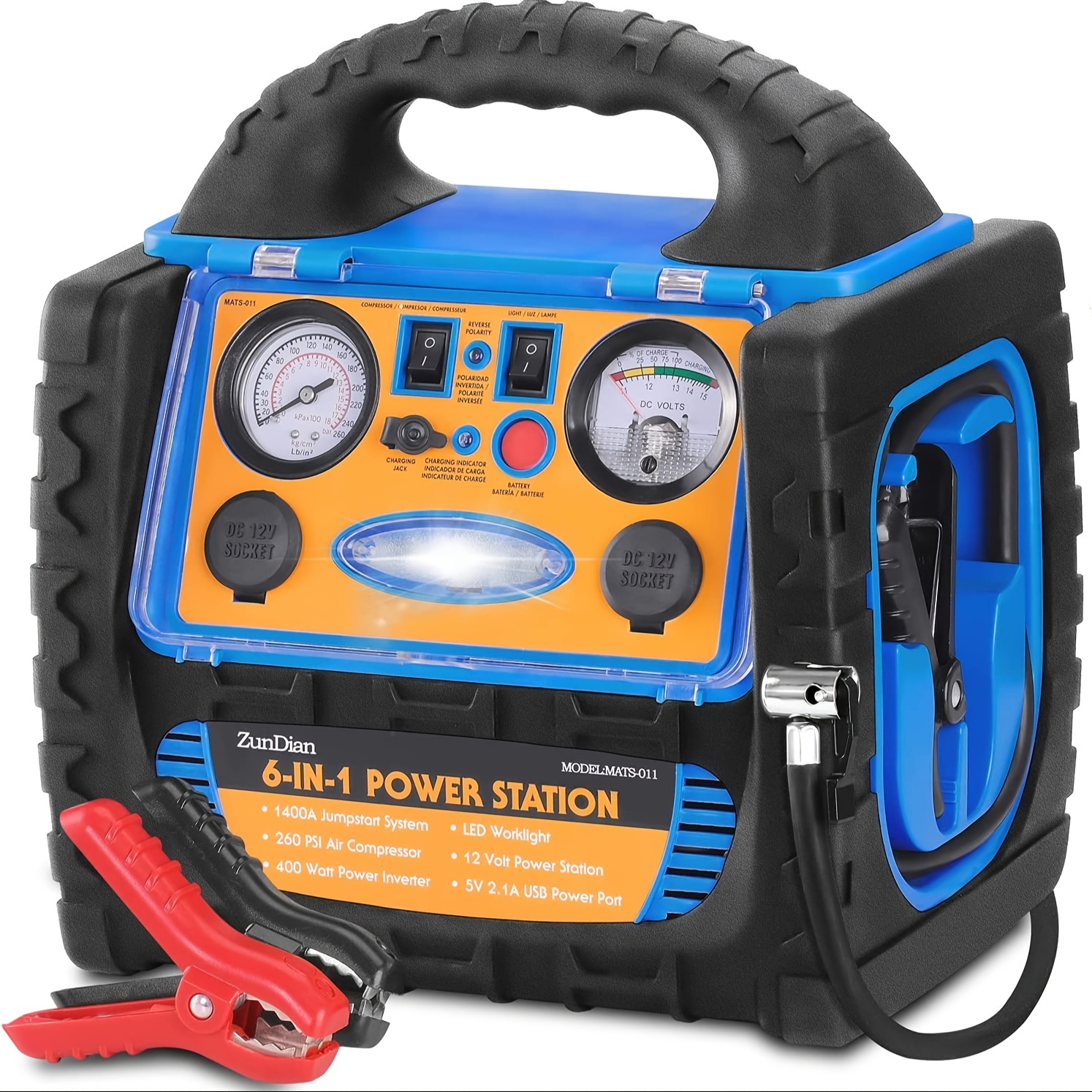 6-in-1 Portable Power Station With Air Compressor, 1800a Jumper For Car Batteries, 260psi Tire Inflator, Usb//ac Outlets, Insulated Material, Digital Display, Includes Jumper Cables And Red Wrench
6-in-1 Portable Power Station With Air Compressor, 1800a Jumper For Car Batteries, 260psi Tire Inflator, Usb//ac Outlets, Insulated Material, Digital Display, Includes Jumper Cables And Red Wrench