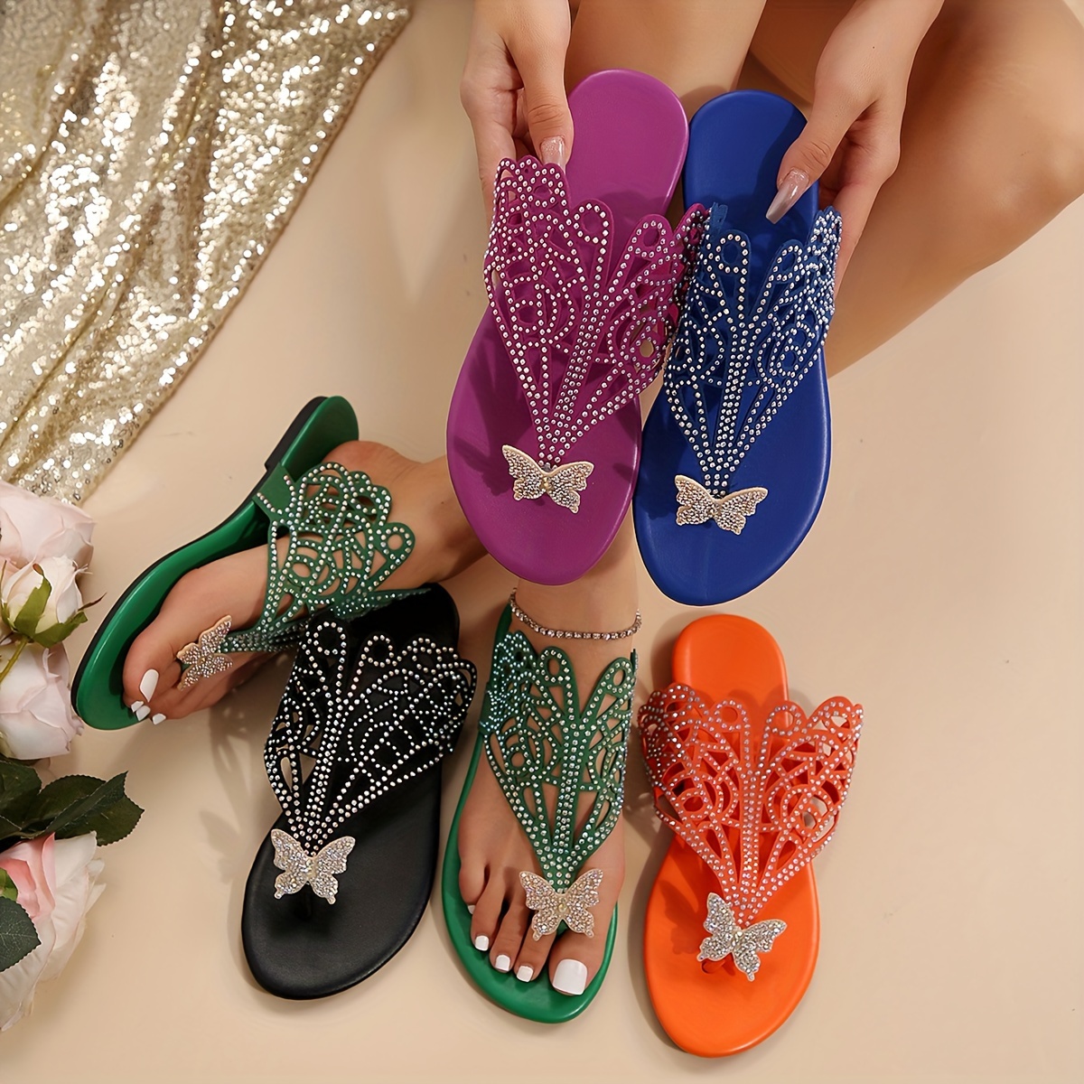 Women's Rhinestone Butterfly Decor Slide Sandals, Fashion Clip Toe Summer Shoes, Lightweight Slide Sandals
Women's Rhinestone Butterfly Decor Slide Sandals, Fashion Clip Toe Summer Shoes, Lightweight Slide Sandals