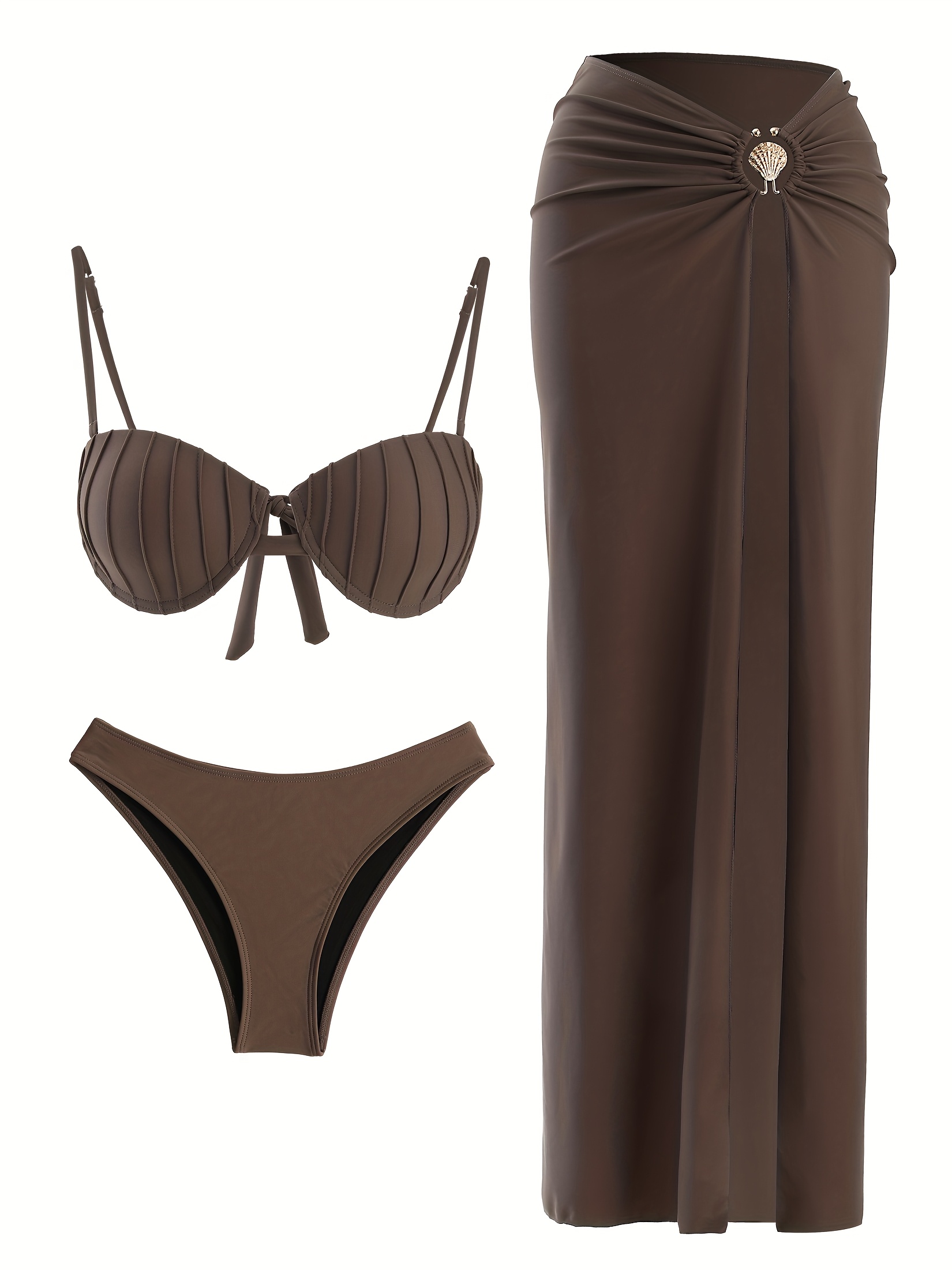 fe1c2110 3120 4b21 8dc3 f58f1efccd3a EDOLYNSA Sexy Tube Top Suspender Chocolate Brown Shell Texture Ring Metal Accessories Slit Maxi Bikini Three-piece Set Sexy Fashion Swimsuit Holiday Cover-up Swimming Beach Women's Bikini Set K131