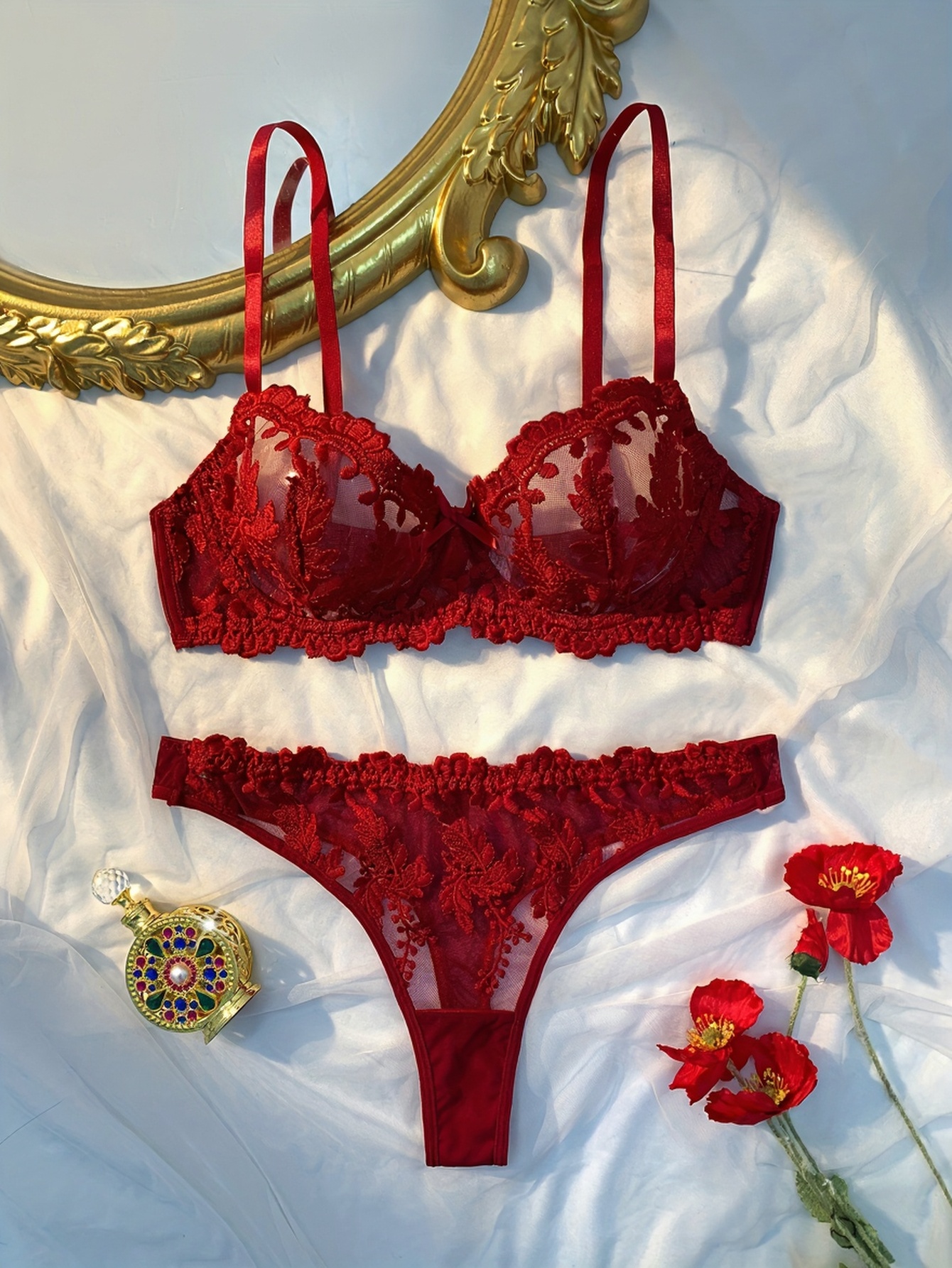 0cd2d5535e9de57c11d96e43e28380cd A Burgundy Rice Ear Single-Layer Embroidered Sexy Set, Featuring a Steel Ring Bra And Thong, Bold Women'S Clothing, And a Sheer Lingerie Ensemble