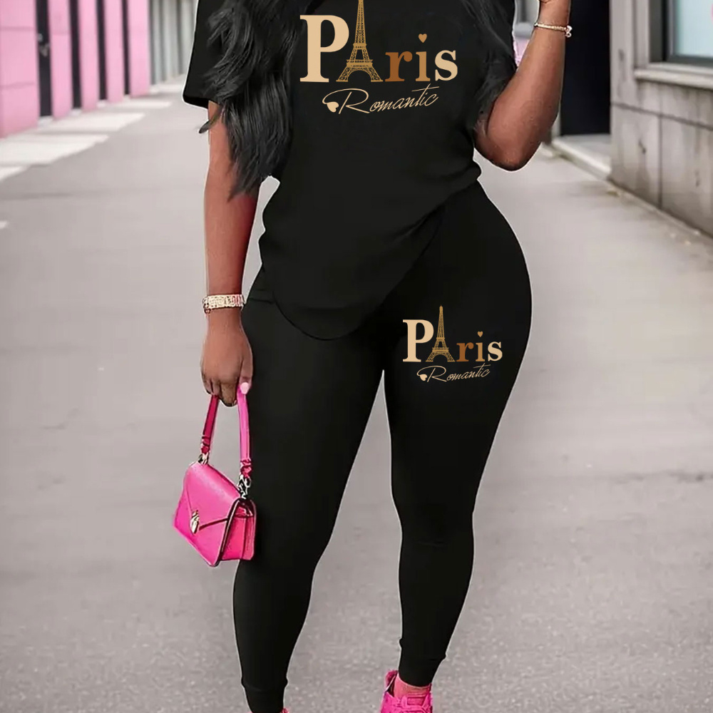 1set Women's Casual Polyester Two-piece Set, Round Neck Short Sleeve Top With Letter Print & Long Pants, Spring/summer Outfit
1set Women's Casual Polyester Two-piece Set, Round Neck Short Sleeve Top With Letter Print & Long Pants, Spring/summer Outfit