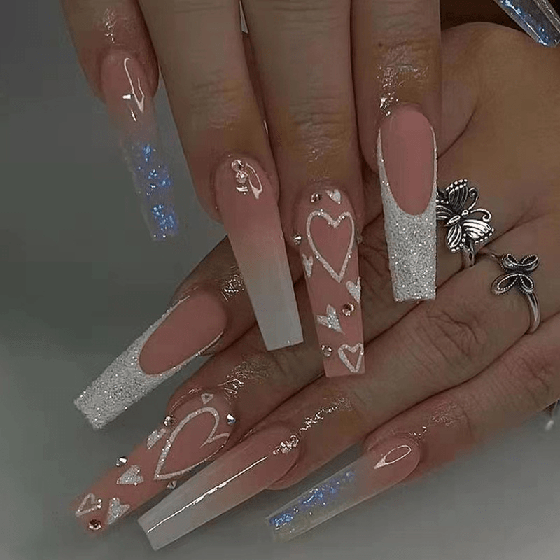 

Cute Press On Nails Long Coffin Fake Nails Glitter Sequins Glue On Artificial Nails Rhinestones Glossy False Nails For Women