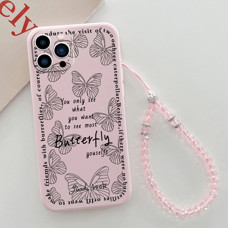 Flower Butterfly Graphic Anti Fall Phone Case Beaded Lanyard Temu