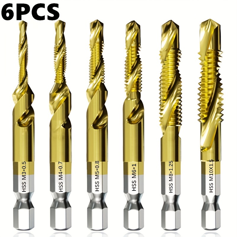 6pcs Titanium Combination Drill And Tap Set, Metric Thread Hss M3-m10 Screw Tapping Bit Tool 1/4" Hex Shank (titanium Coated)
6pcs Titanium Combination Drill And Tap Set, Metric Thread Hss M3-m10 Screw Tapping Bit Tool 1/4" Hex Shank (titanium Coated)