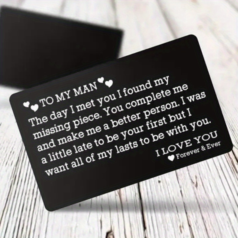 1pc Engraved Aluminum Wallet Card Insert, Black Metal Greeting Card Gift For Husband Or Boyfriend, College , Romantic Message From Wife Or Girlfriend, Anniversaries & Valentine’s Day
1pc Engraved Aluminum Wallet Card Insert, Black Metal Greeting Card Gift For Husband Or Boyfriend, College , Romantic Message From Wife Or Girlfriend, Anniversaries & Valentine’s Day