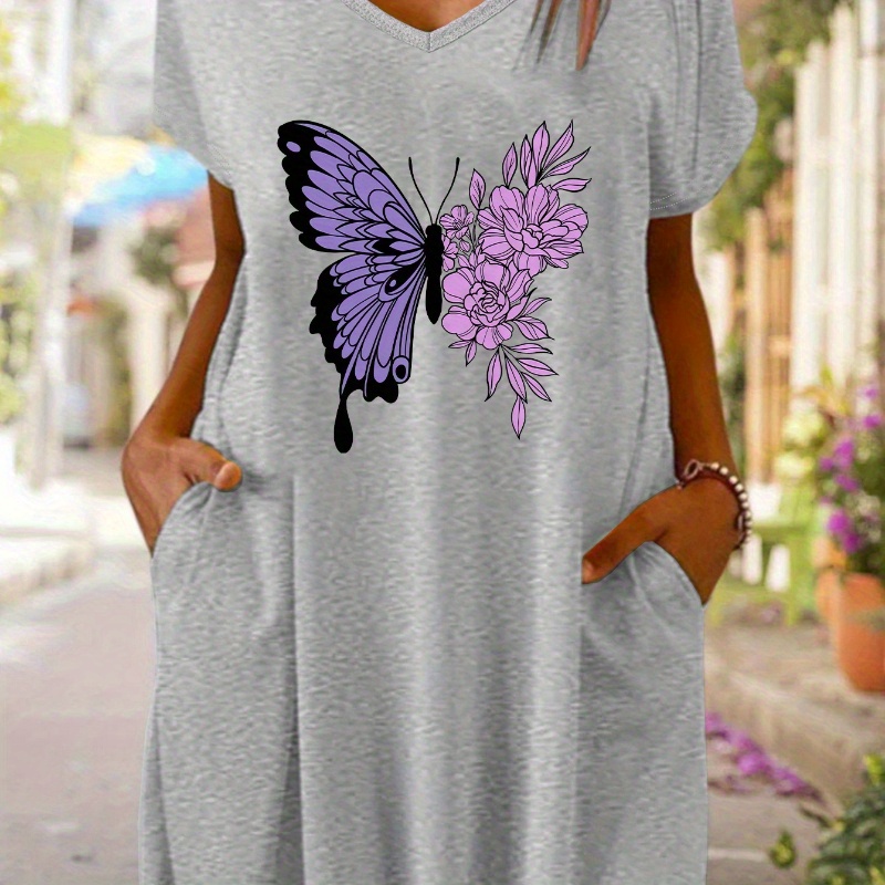 Butterfly & Floral Print Side Pockets T-shirt Dress, Short Sleeve V Neck Casual Dress For Summer & Spring, Women's Clothing
Butterfly & Floral Print Side Pockets T-shirt Dress, Short Sleeve V Neck Casual Dress For Summer & Spring, Women's Clothing