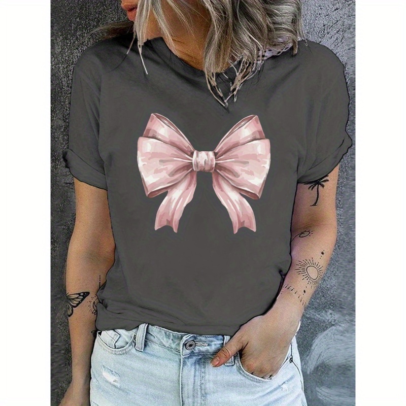 Elegant Watercolor Pink Bow Print T-shirt, Short Sleeve Crew Neck Casual Top For Summer & Spring, Women's Clothing
Elegant Watercolor Pink Bow Print T-shirt, Short Sleeve Crew Neck Casual Top For Summer & Spring, Women's Clothing