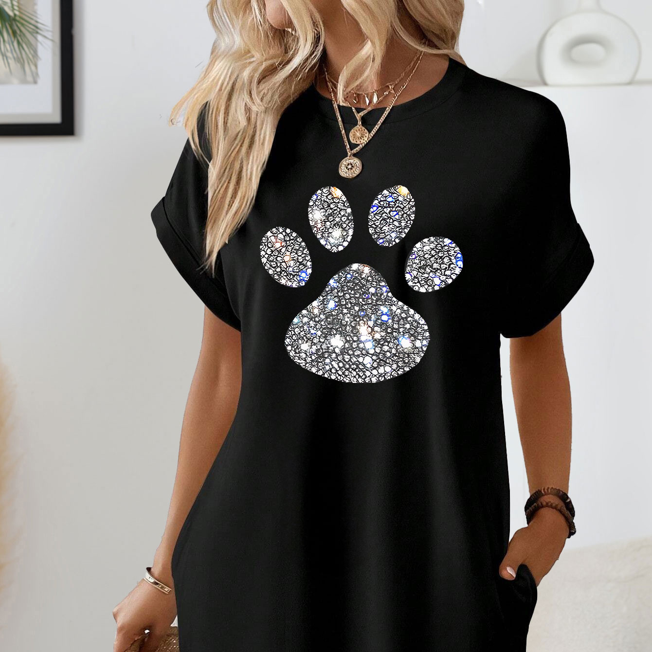 Glitter Paw Print Lounge Dress, Casual Batwing Sleeve Round Neck Loose Fit Dress With Pockets, Women's Loungewear
Glitter Paw Print Lounge Dress, Casual Batwing Sleeve Round Neck Loose Fit Dress With Pockets, Women's Loungewear