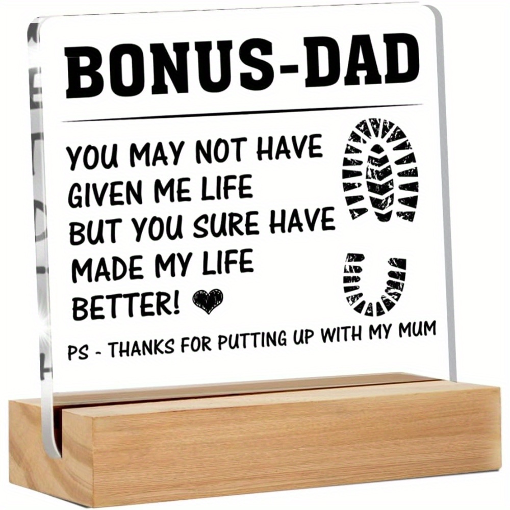 1pc, Bonus Dad Gifts From Stepdaughter Stepson, For Birthday Christmas Father's Day, Bonus Dad Transparent Acrylic Desk Decorative Sign For Home Decor
1pc, Bonus Dad Gifts From Stepdaughter Stepson, For Birthday Christmas Father's Day, Bonus Dad Transparent Acrylic Desk Decorative Sign For Home Decor