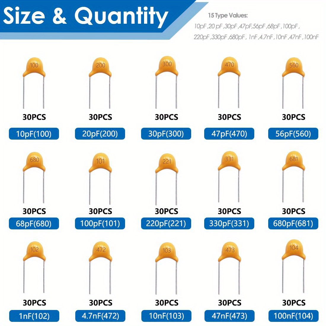 450 Pcs Ceramic Capacitor Kit By - 15 Types Assortment Set From 10pf To 100nf, Non-polarized, High Precision 10% Tolerance For Electronics Diy
450 Pcs Ceramic Capacitor Kit By - 15 Types Assortment Set From 10pf To 100nf, Non-polarized, High Precision 10% Tolerance For Electronics Diy