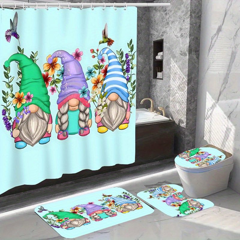 1/4pcs Floral Gnome Pattern Shower Curtain Set, Waterproof Bath Curtain With Hooks, U-shaped Mat, Toilet Cover Mat, L-shaped Mat, Bathroom Accessories, Bathroom Decorations
1/4pcs Floral Gnome Pattern Shower Curtain Set, Waterproof Bath Curtain With Hooks, U-shaped Mat, Toilet Cover Mat, L-shaped Mat, Bathroom Accessories, Bathroom Decorations
