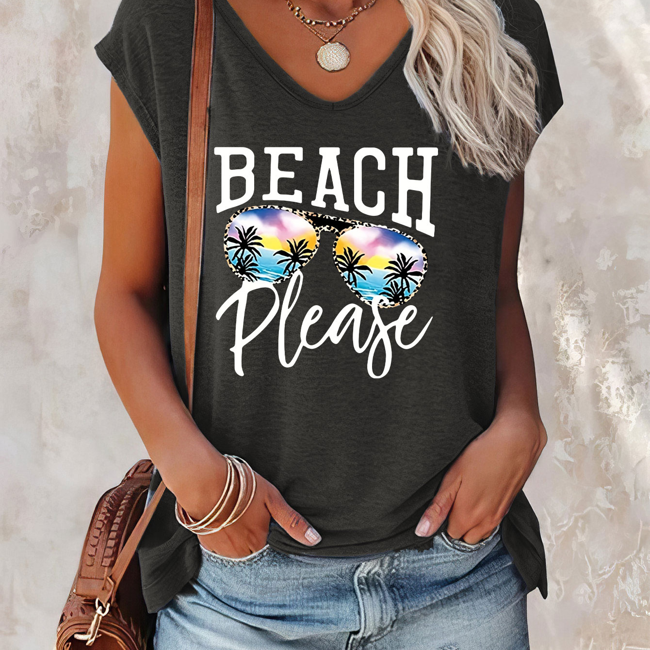 Beach & Sunglasses Print Cap Sleeve Top, Casual Top For Summer & Spring, Women's Clothing
Beach & Sunglasses Print Cap Sleeve Top, Casual Top For Summer & Spring, Women's Clothing