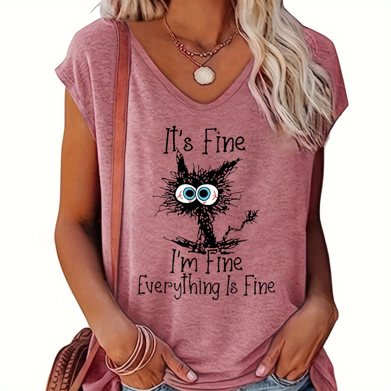 Cat Print Cap Sleeve Top, Casual V-neck Top For Summer & Spring, Women's Clothing
Cat Print Cap Sleeve Top, Casual V-neck Top For Summer & Spring, Women's Clothing