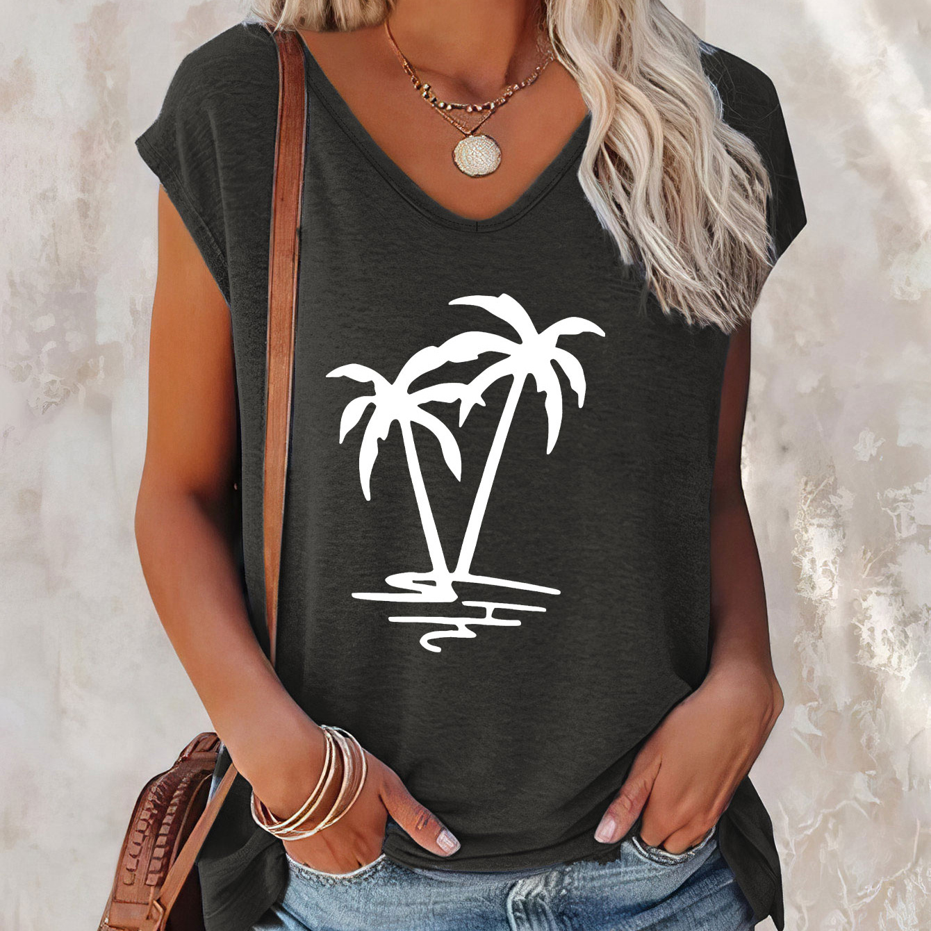 Coconut Tree Print Cap Sleeve Tank Top, Casual V-neck Top For Summer & Spring, Women's Clothing
Coconut Tree Print Cap Sleeve Tank Top, Casual V-neck Top For Summer & Spring, Women's Clothing