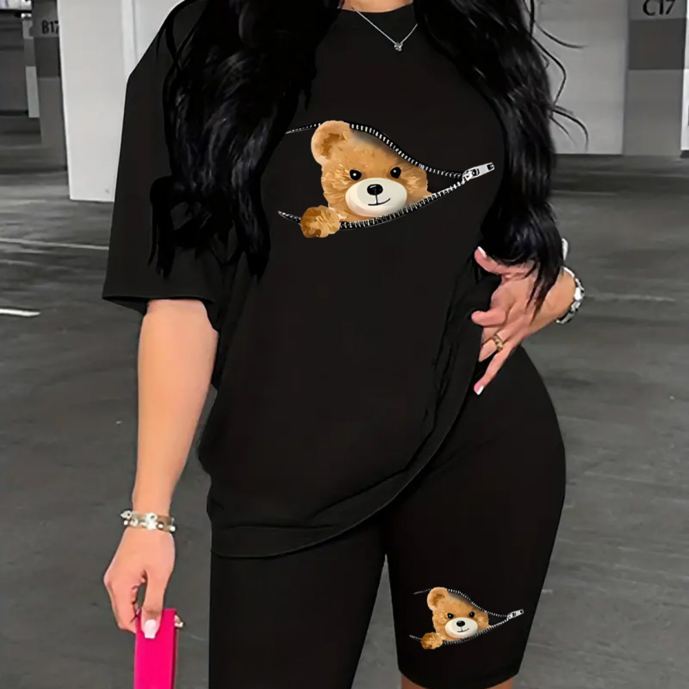 2pcs Casual Sports Set, Creative Zipper Bear Graphic Short Sleeve T-shirt & Running Workout Shorts, Women's Activewear
2pcs Casual Sports Set, Creative Zipper Bear Graphic Short Sleeve T-shirt & Running Workout Shorts, Women's Activewear