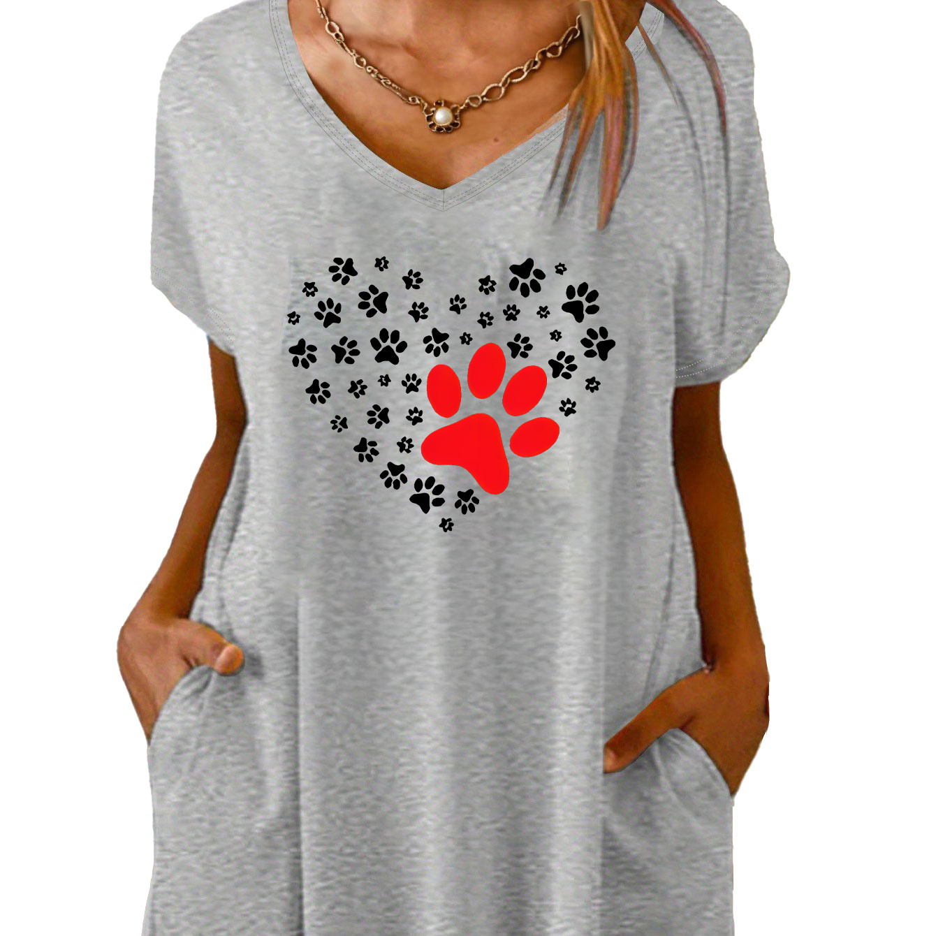 Women's Casual V-neck Paw Heart Print Pocketed T-shirt Dress, Comfortable Batwing Sleeve Midi Dress For Daily Wear
Women's Casual V-neck Paw Heart Print Pocketed T-shirt Dress, Comfortable Batwing Sleeve Midi Dress For Daily Wear