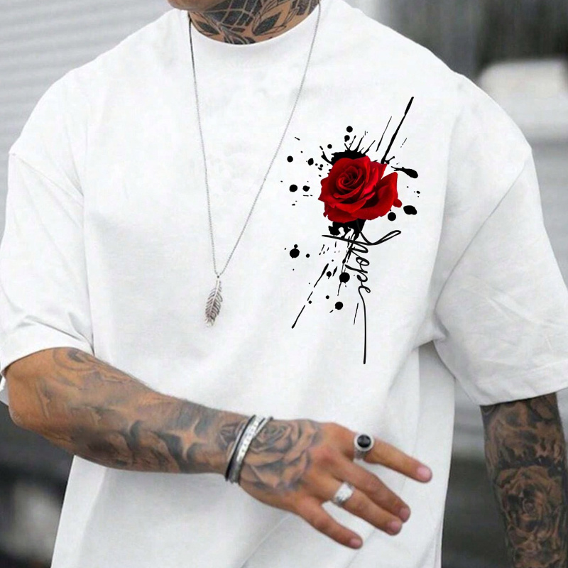Men's Summer Rose Pattern Casual T-shirt With Short Sleeve And Round Neck
Men's Summer Rose Pattern Casual T-shirt With Short Sleeve And Round Neck