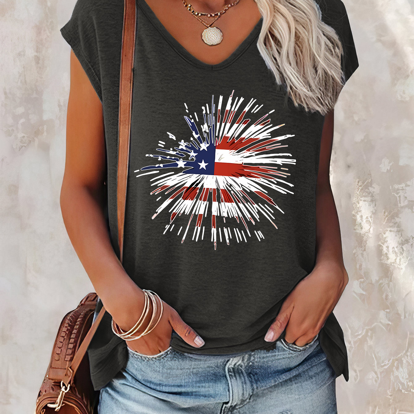 American Flag Firework Print Cap Sleeve Tank Top, Casual V-neck Top For Summer & Spring, Women's Clothing
American Flag Firework Print Cap Sleeve Tank Top, Casual V-neck Top For Summer & Spring, Women's Clothing