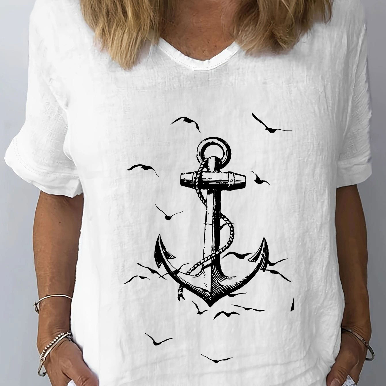 Anchor Print T-shirt, Short Sleeve V Neck Casual Top For Summer & Spring, Women's Clothing
Anchor Print T-shirt, Short Sleeve V Neck Casual Top For Summer & Spring, Women's Clothing