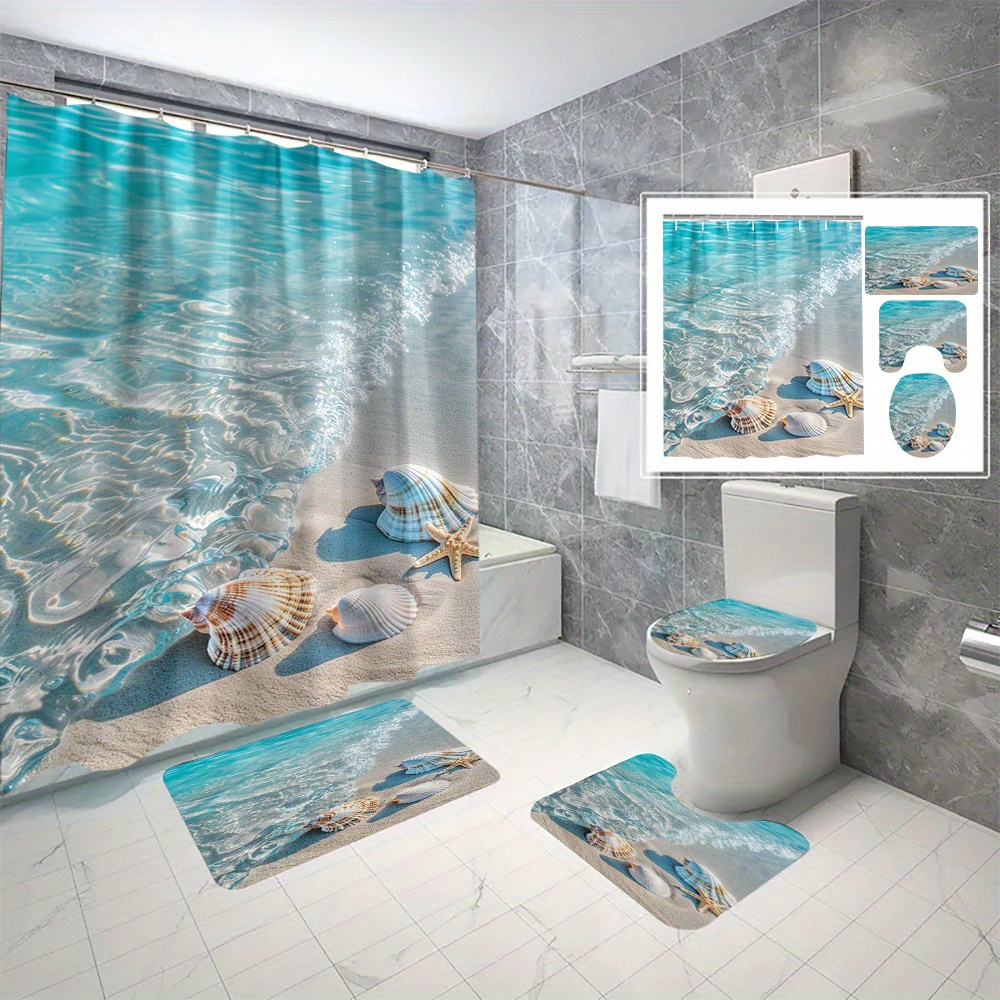 4-piece Print Shower Curtain Set - Waterproof Polyester, Includes Hooks & Non-slip Bath Mat, Machine Washable - Perfect For Beach Themed Bathrooms
4-piece Print Shower Curtain Set - Waterproof Polyester, Includes Hooks & Non-slip Bath Mat, Machine Washable - Perfect For Beach Themed Bathrooms
