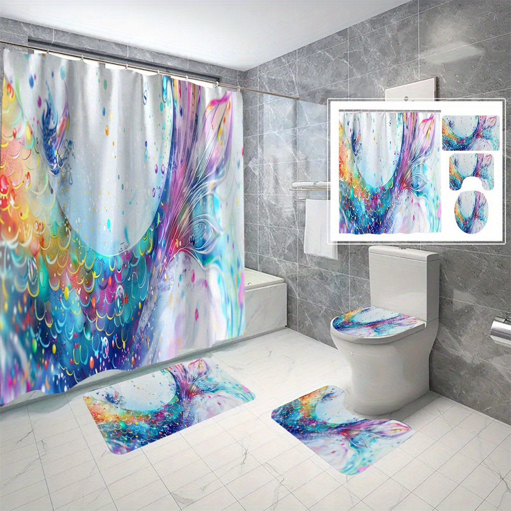 4-piece Colorful Mermaid Tail Shower Curtain Set - Waterproof Polyester, Includes Hooks & Non-slip Bath Mat, Machine Washable - Perfect For Bathroom Decor
4-piece Colorful Mermaid Tail Shower Curtain Set - Waterproof Polyester, Includes Hooks & Non-slip Bath Mat, Machine Washable - Perfect For Bathroom Decor