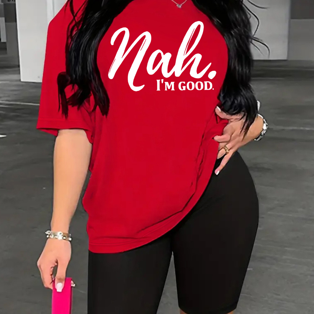 Plus Size Nah Letter Print Two-piece Set, Crew Neck Short Sleeve Top & Shorts Outfits, Women's Plus Size clothing
Plus Size Nah Letter Print Two-piece Set, Crew Neck Short Sleeve Top & Shorts Outfits, Women's Plus Size clothing