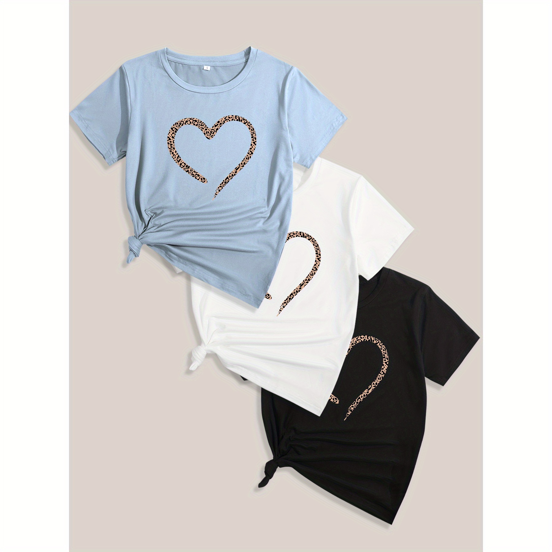 3 Pack Heart Print T-shirt, Short Sleeve Crew Neck Casual Top For Summer & Spring, Women's Clothing
3 Pack Heart Print T-shirt, Short Sleeve Crew Neck Casual Top For Summer & Spring, Women's Clothing