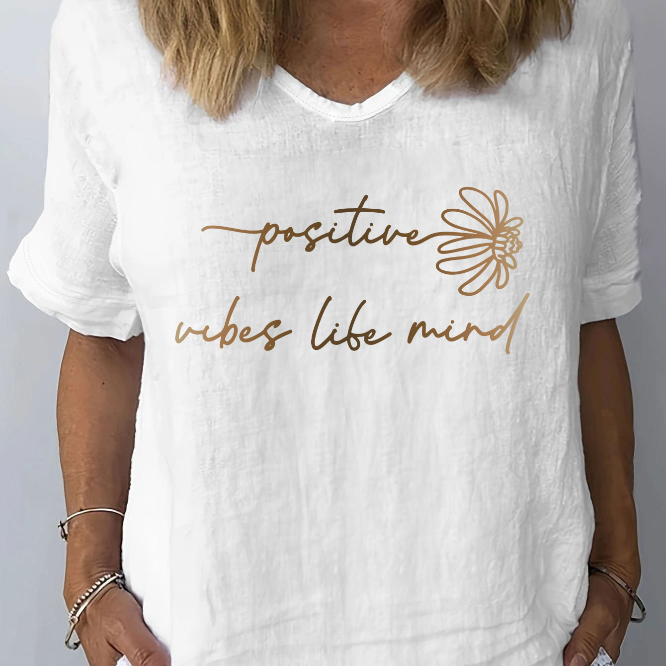 Positive Print T-shirt, Short Sleeve V Neck Casual Top For Summer & Spring, Women's Clothing
Positive Print T-shirt, Short Sleeve V Neck Casual Top For Summer & Spring, Women's Clothing