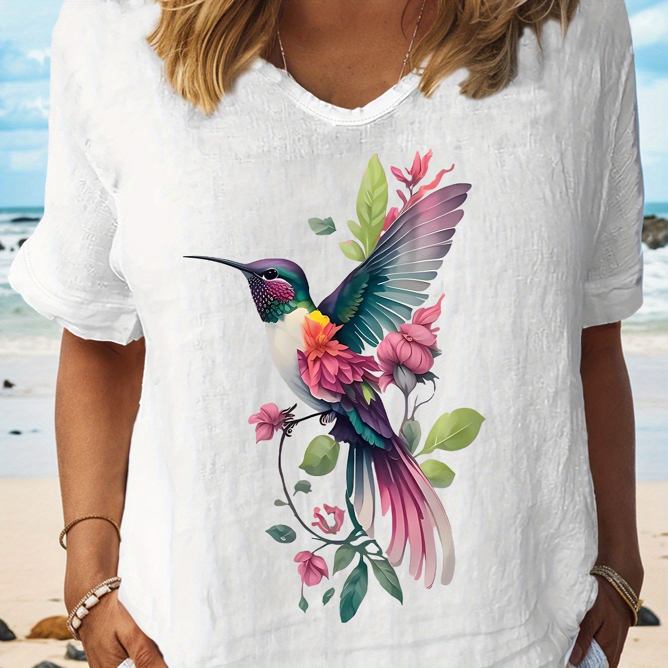 Hummingbird Print T-shirt, Short Sleeve V Neck Casual Top For Summer & Spring, Women's Clothing
Hummingbird Print T-shirt, Short Sleeve V Neck Casual Top For Summer & Spring, Women's Clothing