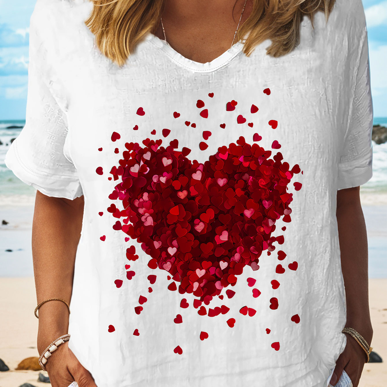 Heart Print T-shirt, Short Sleeve V Neck Casual Top For Summer & Spring, Women's Clothing
Heart Print T-shirt, Short Sleeve V Neck Casual Top For Summer & Spring, Women's Clothing